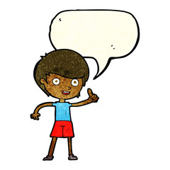 cartoon boy giving thumbs up symbol with speech bubble