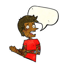 cartoon man with tattoos with speech bubble