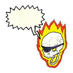 cartoon flaming pirate skull with speech bubble