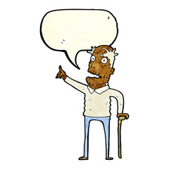 cartoon old man with walking stick with speech bubble