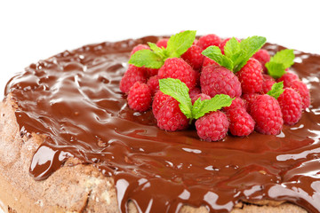 Cake with Chocolate Glaze and raspberries isolated on white