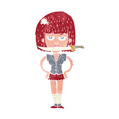 cartoon woman with knife in teeth