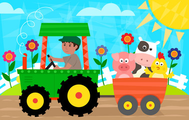 Fun in The Farm - Farmer with a tractor is driving a cart with pig, cow and a chick. Eps10