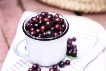 Red gooseberry in cup on wooden table close-up outdoors