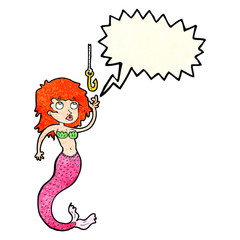 cartoon mermaid and fish hook with speech bubble