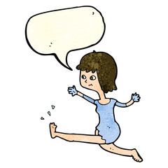 cartoon happy woman kicking with speech bubble