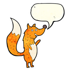 cartoon waving fox with speech bubble