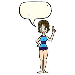 cartoon woman in striped swimsuit with speech bubble