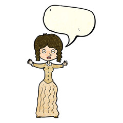 cartoon worried victorian woman with speech bubble