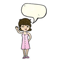 cartoon pretty woman waving with speech bubble