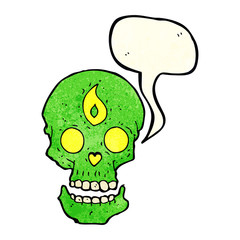 cartoon mystic skull with speech bubble