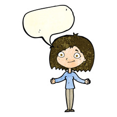 cartoon woman shrugging shoulders with speech bubble