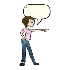 cartoon woman pointing with speech bubble
