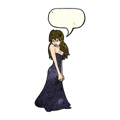 cartoon pretty woman in dress with speech bubble