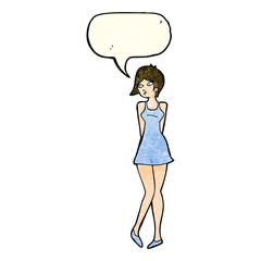 cartoon pretty woman in dress with speech bubble