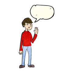 cartoon waving man with speech bubble