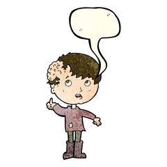 cartoon boy with growth on head with speech bubble