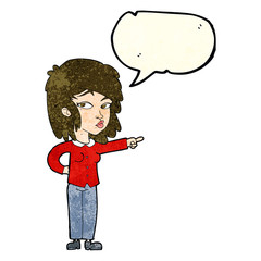 cartoon woman pointing with speech bubble