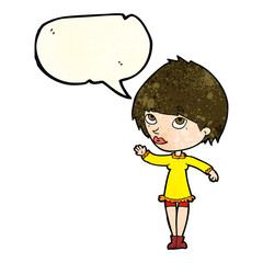 cartoon woman waving with speech bubble