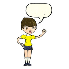 cartoon woman waving with speech bubble
