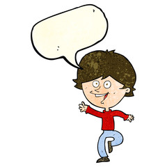 cartoon happy waving boy with speech bubble