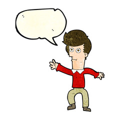 cartoon man waving with speech bubble