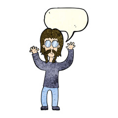 cartoon hippie man waving arms with speech bubble