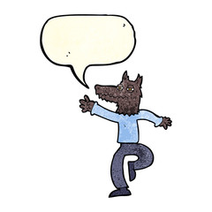 cartoon happy wolf man with speech bubble