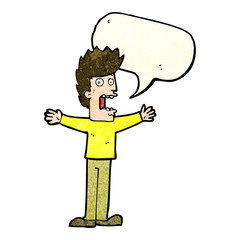 cartoon terrified man with speech bubble