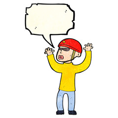 cartoon security man panicking with speech bubble