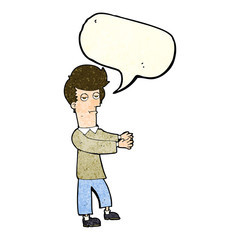 cartoon bored man showing the way with speech bubble