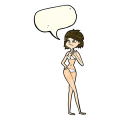 cartoon woman in bikini with speech bubble