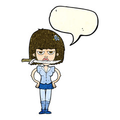 cartoon woman with knife between teeth with speech bubble