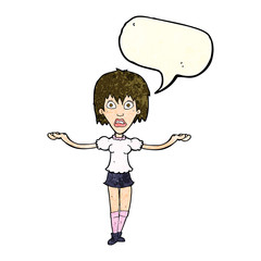 cartoon woman shrugging shoulders with speech bubble