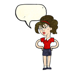 cartoon woman with hands on hips with speech bubble
