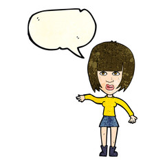 cartoon woman waving away with speech bubble