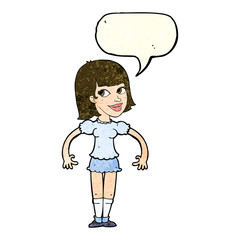 cartoon woman shrugging shoulders with speech bubble