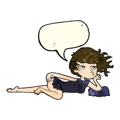 cartoon woman in sexy pose with speech bubble