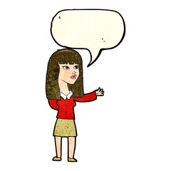 cartoon woman gesturing to show something with speech bubble