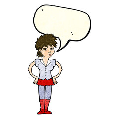 cartoon woman with hands on hips with speech bubble