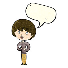 cartoon woman making Who Me? gesture with speech bubble