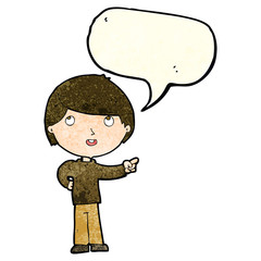 cartoon boy pointing with speech bubble