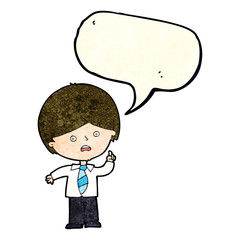 cartoon worried school boy raising hand with speech bubble