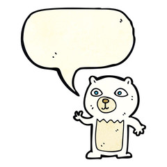 cartoon waving polar bear cub with speech bubble