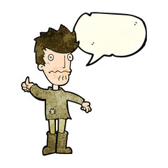 cartoon worried man giving thumbs up symbol with speech bubble