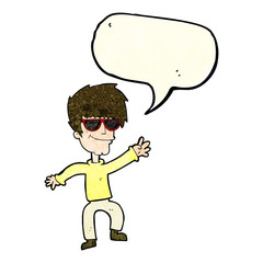 cartoon waving cool guy with speech bubble