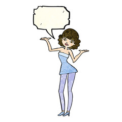cartoon woman in cocktail dress with speech bubble
