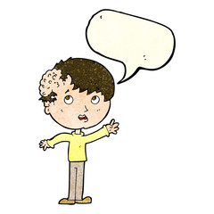cartoon boy with growth on head with speech bubble