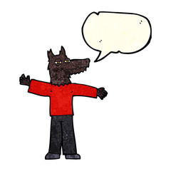cartoon happy wolf man with speech bubble