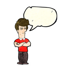 cartoon man with folded arms with speech bubble